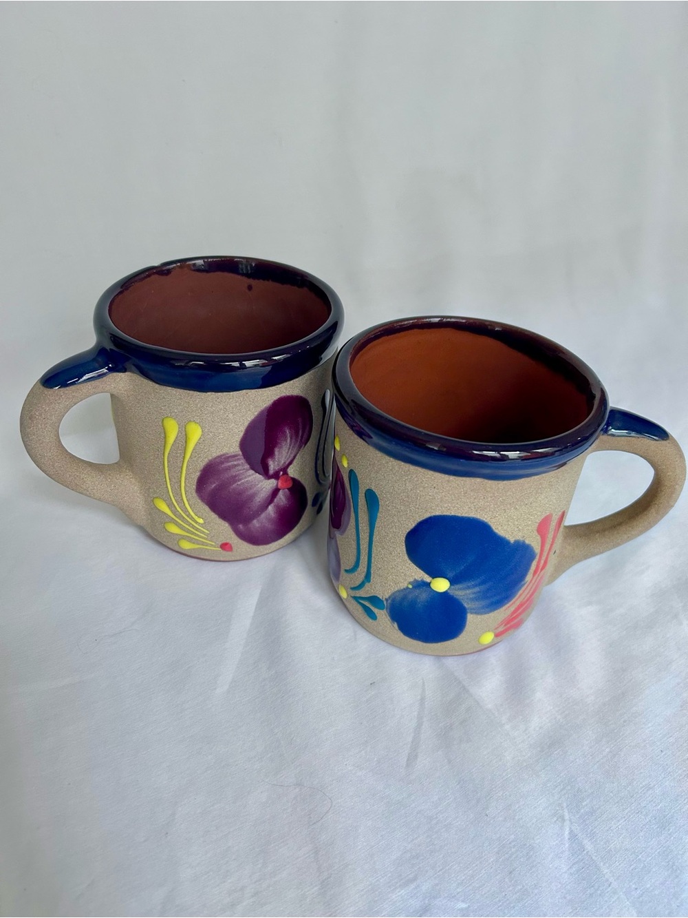 Mexican Pottery Mugs Set of 2 Hand Painted Floral Textured Stoneware
